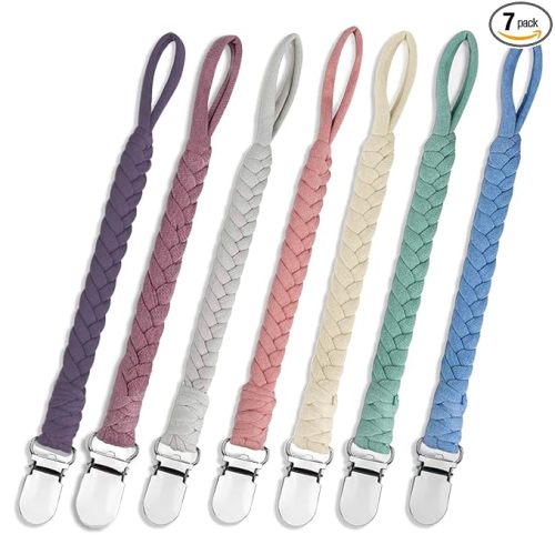 7 Pcs Braided Pacifier Clip Baby Girls for Boys, Handmade Cotton Pacifier Holder Binky Clips Fits All Pacifiers Modern Unisex Smoother Clip Baby Gifts