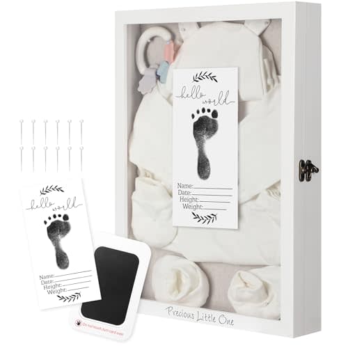 Jetec Baby Shadow Box 12x16 Large White Baby Keepsake Box with Linen Back Hello World Newborn Sign Ink Pad Wood Memory Frame Case with Glass Cover Baptism Gift for Gender Reveal New Dad Mom Keepsake