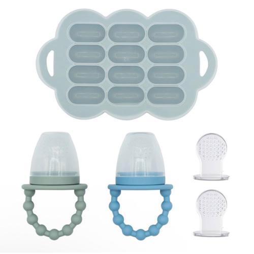 WeeSprout Baby Food Feeder Set - 2 Silicone Feeders & Reusable Freezer Tray with Lid - BPA-Free Fresh Fruit & Veggie Pacifier for Babies & Toddlers - Double as Teething Toys - Dishwasher Safe