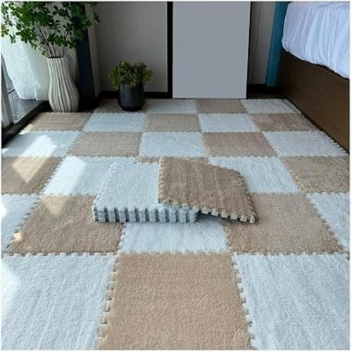 FYYSJW 10 Piece Plush Patchwork Foam Floor Mat, Soft Interlocking Floor Carpet Squares, Fluffy Puzzle Area Rug, 12 X 12 Inch,White+Khaki