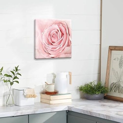 Pink Bathroom Decor - Rose Close Up Canvas Wall Art for Blush Room Aesthetic, Light Bedroom Decor, Floral Pictures for Home Walls, Wrapped 16x16inch