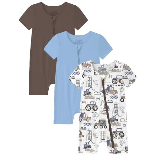 Jimonda Rayon From Bamboo Pajama Baby Short Sleeve Romper Boy Girl Sleeper | 2 Way Zipper, Stretchy, Soft, Viscose, Lightweight, Unisex Infant Pjs, Newborn Clothes, Breathable, Spring Summer, 3 Pack
