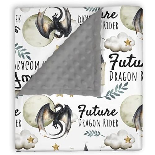 Mink Baby Boys Blankets Future Dragon Rider, Whimsical Black Castle Moon Cloud Star Double Layer Dotted Backing Receiving Swaddle, Newborn Infant Toddler Nursery Crib Bedding Shower Gift 30x40