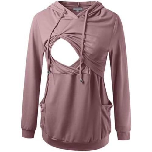 GINKANA Womens Nursing Hoodie Top Sweatshirt Long Sleeve Button Decoration Pockets Shirts Tunic Top