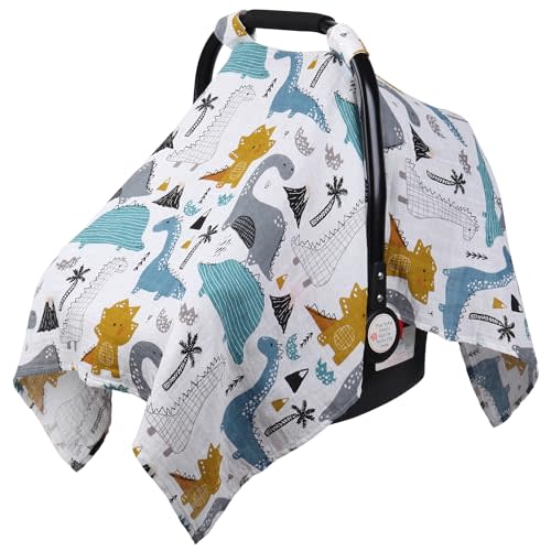 Rquite Dinosaurs Carseat Cover - Muslin Cotton Infant Car Seat Canopy, Breathable Baby Carrier Cover, Summer Stroller Sun Shade