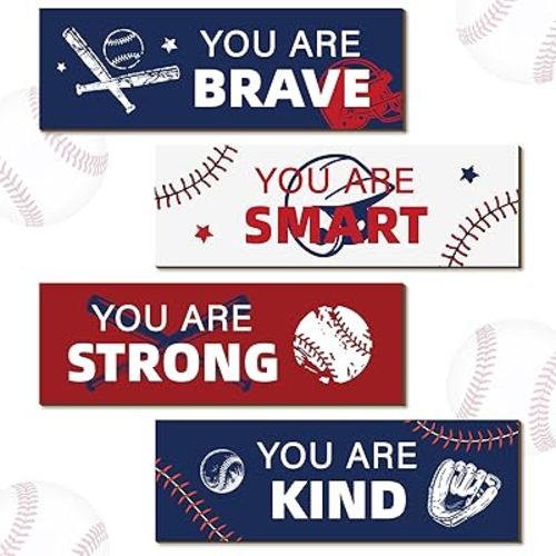 Kathfly 4 Pcs Baseball Room Decor for Teen Boys Baseball Gifts Vintage Sport Wall Decor Wooden Hanging Sign Inspirational Motivational Quote Sport Wall Art for Nursery Gym Playroom