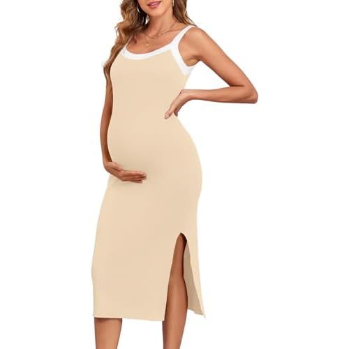 V FOR CITY Maternity Dress for Baby Shower Sleeveless Slit Rib Knit Casual Square Neck Bodycon Pregnancy Clothes