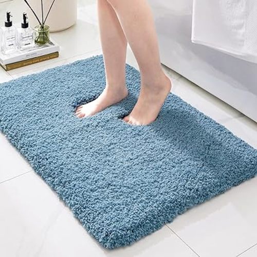 Bathroom Rugs, Ultra Thick Shaggy Soft Microfiber Absorbent Bath Rug, High Density Foam Latex Non Slip Backing, Machine Washable Bath Mats for Bathroom Floor & Sink 24x17, Blue