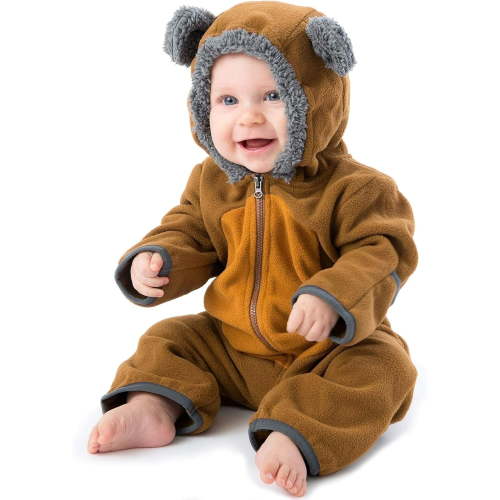 Cuddle Club One Piece Romper Hooded Fleece Onesie Jumper for Baby, Brown Tan Bear 3-6 Mos