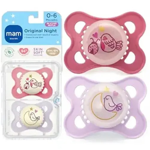 MAM Original Baby Pacifiers 0-6 Months, Binky for Newborn Babies, BPA-Free Skin Soft Silicone Nipple, Glows in The Dark, Developed with Medical Experts, 2 Pack, Sterilizer Case, Made in Europe