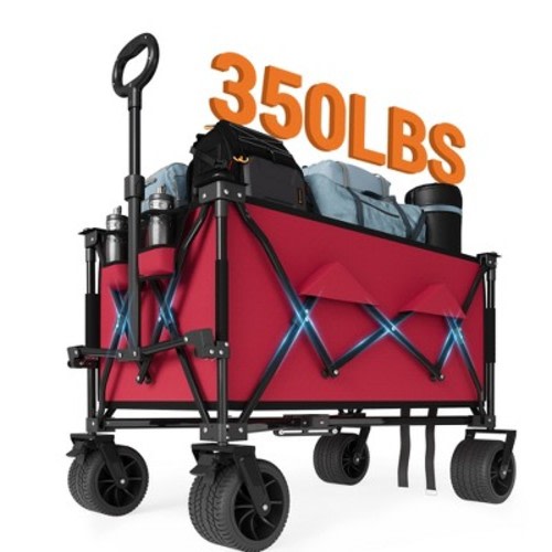 Heavy Duty Foldable Wagon for Beach, Extra Large Collapsible Foldable Wagon for Camping, All Terrain Beach Wagons Extended with Cup Holders for Sand