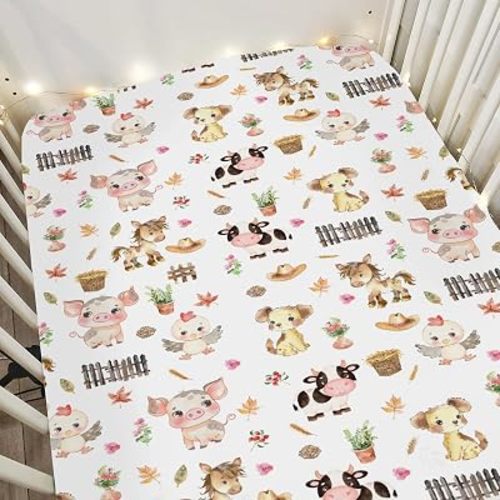 Cute Pastel Farm Animals Baby Crib Sheets for Boy Girl 52"x28" Farmhouse Pig Cow Chick Dog Meadow Soft Snug Fitted Crib Mattress Cover Farmland Baby Sheet for Standard Crib & Toddler Mattress Pad