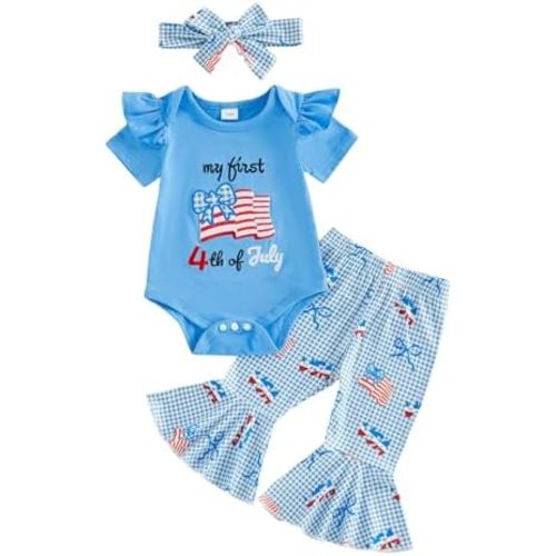 Lamuusaa 4th of July Baby Girl Outfits Newborn My First 4th of July Romper Plaid Flared Pants Headband 3Pcs Summer Clothes