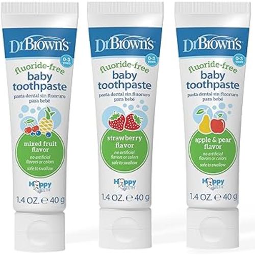 Dr. Brown’s Fluoride-Free Baby Toothpaste, Infant & Toddler Oral Care, Variety 3-Pack, Apple-Pear, Strawberry, Mixed Fruit Flavors, 1.4oz/40g, 0-3 Years