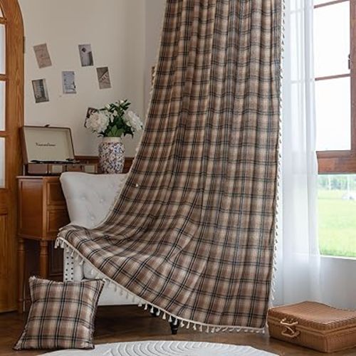 Erbnaryx Plaid Curtain 59W x 102L Inches,2 Panel Light Filtering Privacy Rod Pocket, Vintage Handmade Tassels Country Decor Drapery.Drape Textured Tartan Curtain for Living Room Bedroom (Brown)