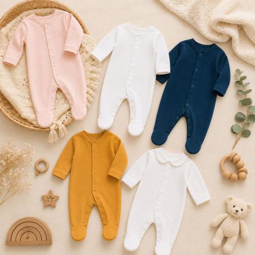 Plain Long Sleeve Baby Sleepsuit | Soft Cotton Footed Onesie | Newborn Baby Clothes | Neutral Baby Outfit | Unisex Baby Romper | Baby Gift