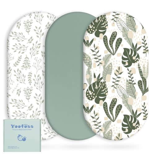 Yoofoss 3-Pack Bassinet Sheets for Boys Girls Universal Fit (Green+Leaf) | Ultra Soft & Breathable, Fitted Mattress Sheets Set Compatible with Halo Bassinest Swivel Sleeper,Baby Delight,Angelbliss