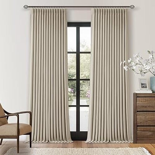Linen Pinch Pleated Blackout Curtains 96 Inches Long 2 Panels Set for Dining Living Room Darkening Neutral Memory Shape Pinch Pleat Black Out Thermal Insulated Curtain Drapes with Liner Oatmeal Beige