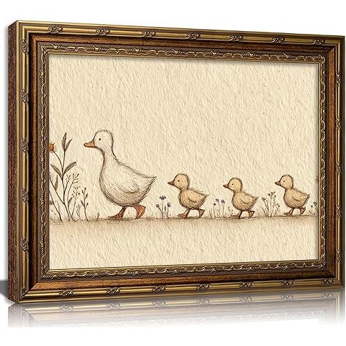 Vintage Gold Framed Nursery Duck Canvas Wall Art,Farmhouse Funny Whimsical Animal Painting Picture Wall Decor,Rustic Cute Mother Duck and Ducklings Poster Print Artwork,for Girls Children Room,