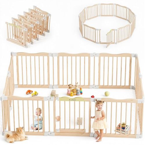 Foldable Wooden Playpen, Natural Pine, 55 x 55 x 24 inches