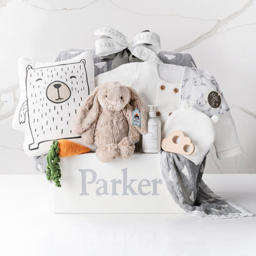 Personalized Wooden Toy Box, Sweater, Hat: Munchkin Gift Set | Bunny & Bear Hat, Muslin Blanket, Bear Pillow, Cloud Teether