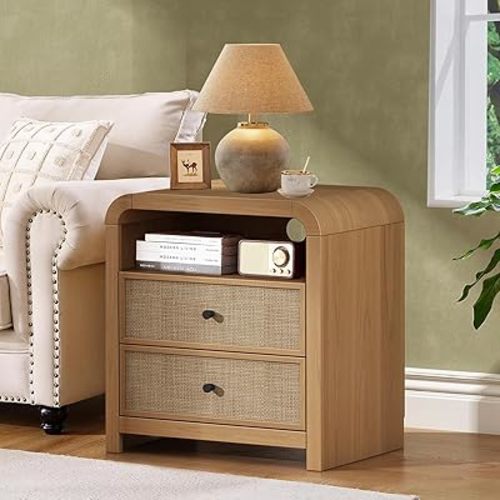 Oak&Sparrow Rattan Nightstand, 23.6'' Rattan End Table with Ample Storage, Boho Nightstand with Charging Station, Thickened Curved Profile Design, Oak Nightstands for Living Room, Bedroom