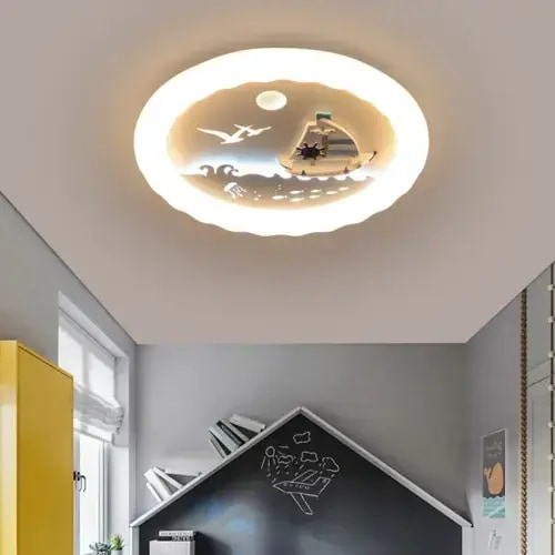Modern Art Deco Kids Round Sailboat Seagull Acrylic Iron LED Mount Ceiling Light For Bedroom