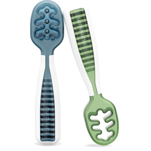 NumNum Baby Spoons Set, Baby Essentials Pre-Spoon GOOtensils for 6+ Months, First Stage Self-Feeding Spoons for Baby Led Weaning (BLW), Silicone Toddler Utensils, BPA-Free, 2 Pack Blue/Green