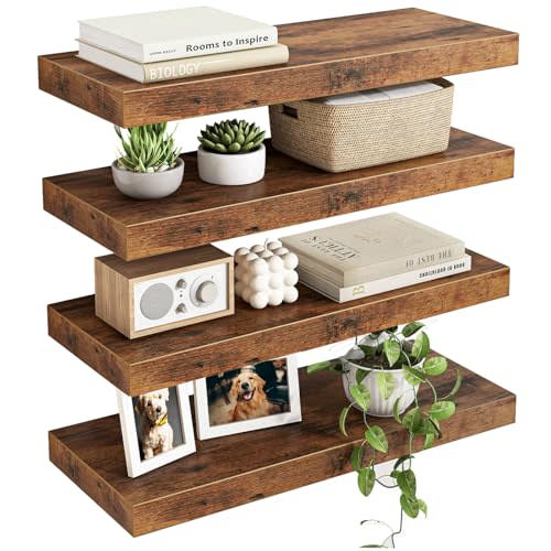 Fixwal 15.8in Wall Shelves, Rustic Wood Finish Floating Shelves Set of 4, Shelves for Wall Decor, with Invisible Brackets for Bathroom, Living Room,Bedroom and Kitchen(Rustic Brown) | Wall Shelves, for Bathroom, Living Room, Bedroom, Kitchen