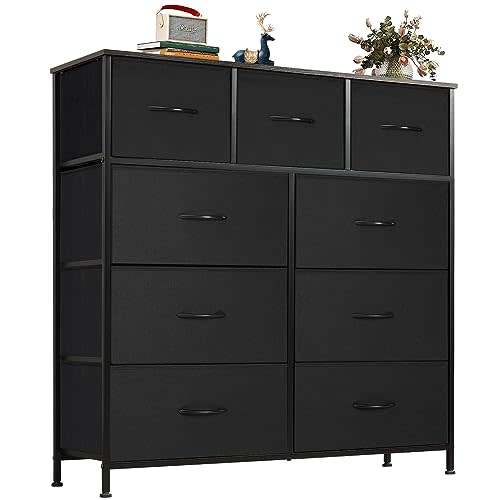 OLIXIS Dresser for Bedroom, 9 Storage Drawers, Wide Fabric Closet Chests Organizer Tower Furniture, TV Stand with Wooden Top Metal Frame for Clothes, Living Room, Hallway, Entryway, Black