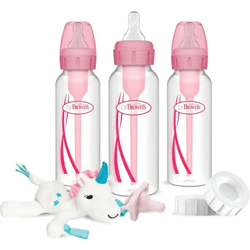 Dr. Brown's Natural Flow Anti-Colic Options+Narrow 8oz/250mL Baby Bottle + Lovey Gift Set with Level 1 Slow Flow Nipples, Pink