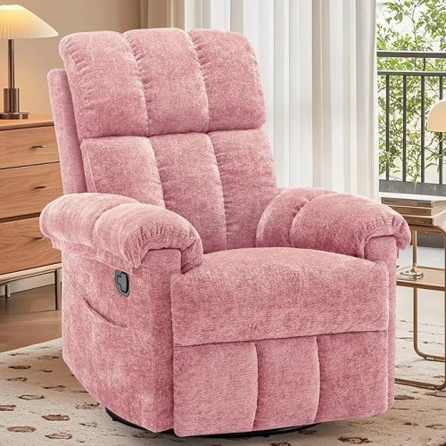 Korser Recliner Chair, Swivel Rocker Recliner Chair for Adults, Small Recliners for Small Spaces, Manual Recliner Chair with Side Pockets, Nursery Rocking Chair for Living Room, Chenille, Rose Pink