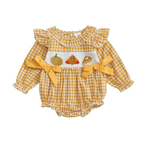 MoZiKQin Baby Girl Thanksgiving Outfit Turkey Bubble Romper Long Sleeve Doll Collar Plaid Jumpsuit Boutique Fall Clothes
