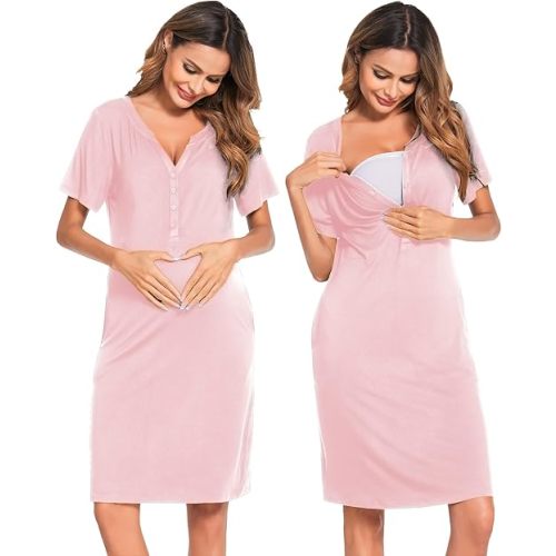 Ekouaer Nursing Nightgown Striped Women Short Sleeve Breastfeeding Sleep Dress Maternity Delivery/Labor Gown