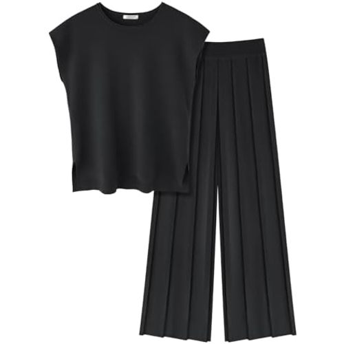 Ekouaer Lounge Sets for Women Two Piece Outfits Knit Cap Sleeve Tops Wide Leg Pleated Pants Casual Dressy Sweater Sets