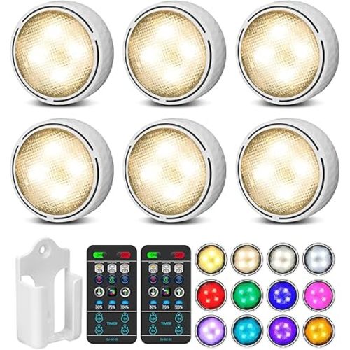 Puck Lights with Remote Control, Battery Operated Wireless Under Cabinet Lighting, Stick on Tap Push Lights for Kitchen, Shelf, 6 Pack - White