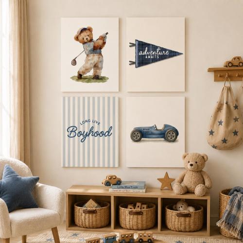 Vintage Boy Nursery Wall Art Set of 4, Teddy Bear Golf Prints, Vintage Race Car Decor, Boys Room Wall Art, Blue Nursery Decor
