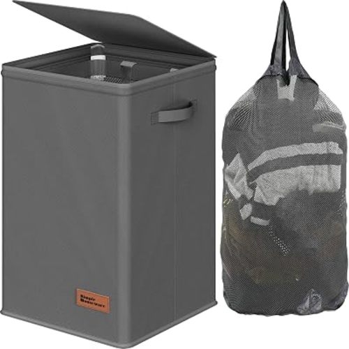 Simple Houseware Foldable Laundry Hamper Basket with Lid and Bag, Dark Gray