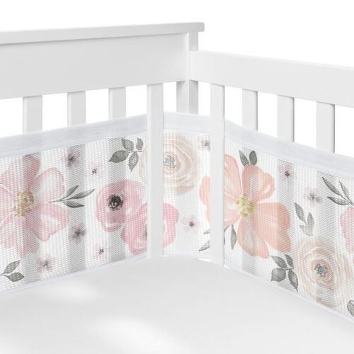 Sweet Jojo Designs + BreathableBaby Breathable Mesh Crib Liner Baby Nursery Girl Watercolor Floral Pink Grey and White