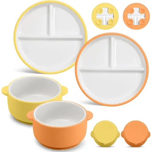 Domensi 4 Pcs Porcelain Kids Plates and Bowls Sets with Suction, 2 Ceramic Toddler Divided Plates 2 Baby Anti Slip Silicone Sleeve Bowls for Feeding Supplies Microwave Dishwasher Safe (Orange,Yellow)