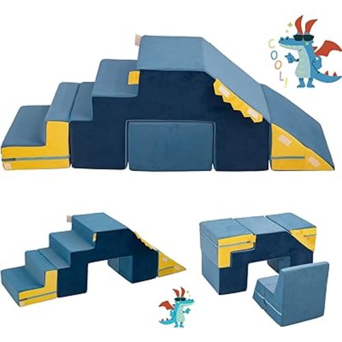 SUN & SUMMER Climbing Toys Foam Soft Play for Toddlers, Dinosaur Foldable Soft Climber Play Sets，Indoor Beginner Playground Toddler Climber with Slide Stairs, Ramp, Table and Chair
