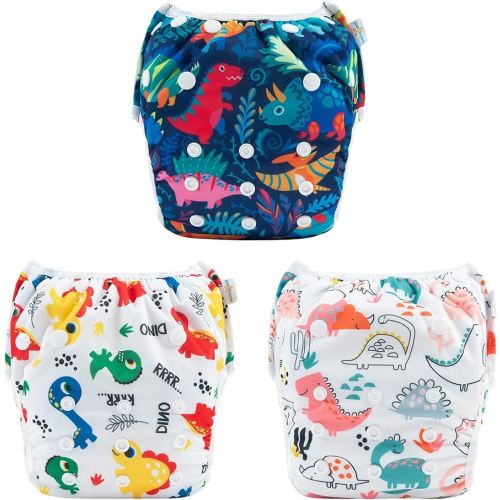 Babygoal Swim Diapers 3 Pack for 8M-3T Babies and Toddlers, Reusable Adjustable Washable for Baby Girl and Boy Swimming Lessons-Dinosaurs