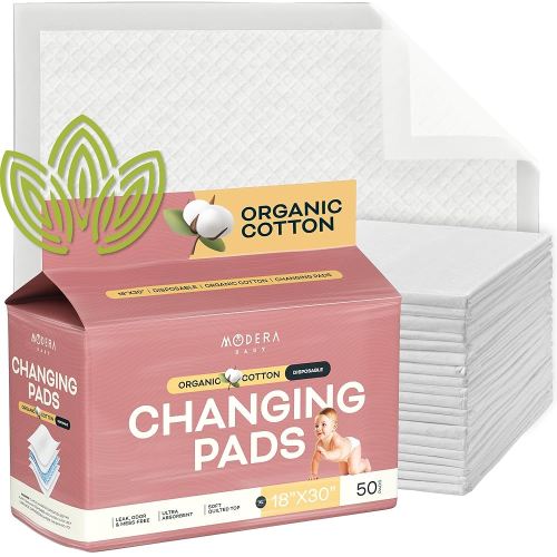 Organic Cotton Disposable Changing Pad Liners | XL-Large (30x18) Hypoallergenic Super Soft Ultra Absorbent & Waterproof Quilted Underpads for Baby Diaper Table & Travel, Leak Proof, Mess Free, 50-Pack