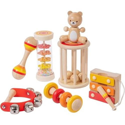 7-Piece Wooden Baby Toy Set with Musical Rattles and Xylophone