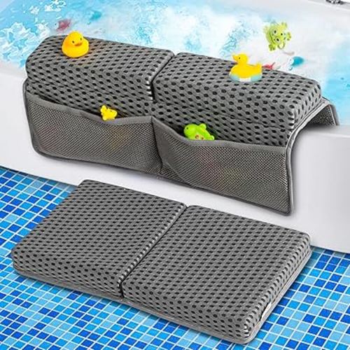 Baby Bath Kneeler and Elbow Rest Pad Set, 1.5'' Thick Quickly Dry bathtub Kneeler Pad with Baby Toys & Bath Accessories Organizer, Bath Kneeling Pad and Elbow Pad for Baby Tub, Non-Slip Bath Mat(Grey)