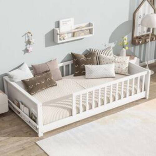 White Wood Frame Twin Size Floor Platform Bed with Book Storage Rack and Guardrails