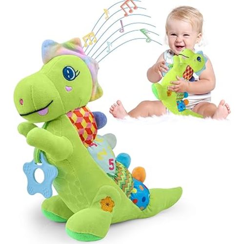 Baby Dino Musical Stuffed Animal Toys for 0-3-6-9-12 Months，Infant Dinosaur Tummy Time Toys with Crinkle Sound Paper,Teether，Textures & Rattles for Newborn Boys Girls Birthday Gifts，Green