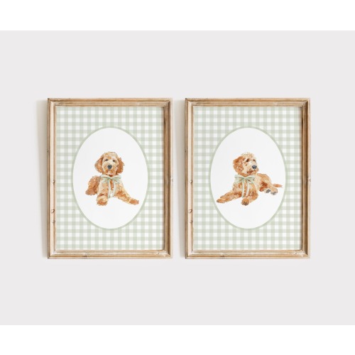 Golden Doodle Nursery Print Set, Watercolor Dog Print, Sage Green Neutral Nursery, Boy Gingham Wall Print, Bow Girl Doodle Nursery Decor