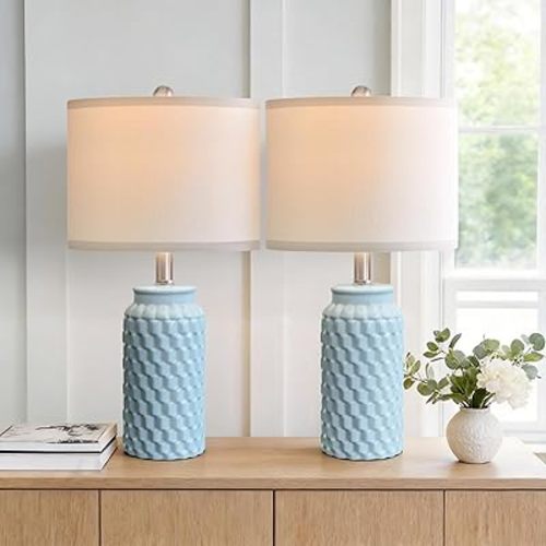 USumkky 20.5" Light Blue Modern Ceramic Bedside Lamp Set of 2 for Bedroom Decor Farmhouse Table Lamp for Living Room Office Dorm