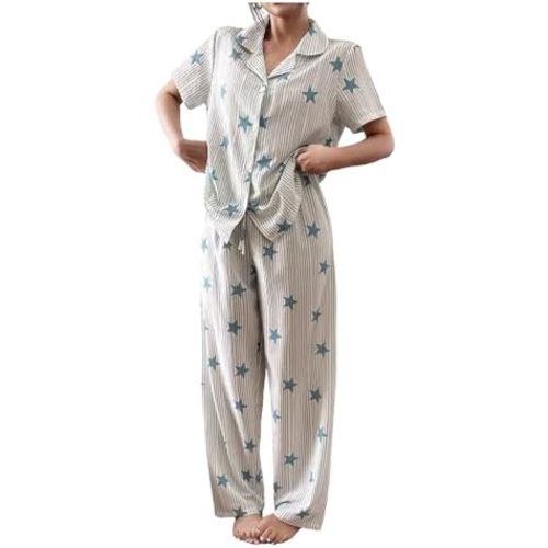 BEAUDRM Women's 2 Piece Cute Pajama Sets Star Striped Pjs Button Down Short Sleeve Shirt and Pants Sleepwear Lounge Sets